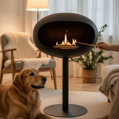 Remplissage du brûleur de la cheminée éthanol COCON™ avec du bioéthanol, cheminée éteinte, allumage avec allumette et extinction avec l'outil, geste sécurisé