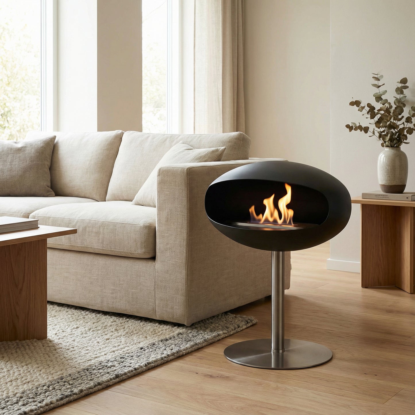Cheminée à l’éthanol design COCON Essentiel sur pied monobloc, installée dans un salon lumineux et épuré, signée Calora Home.