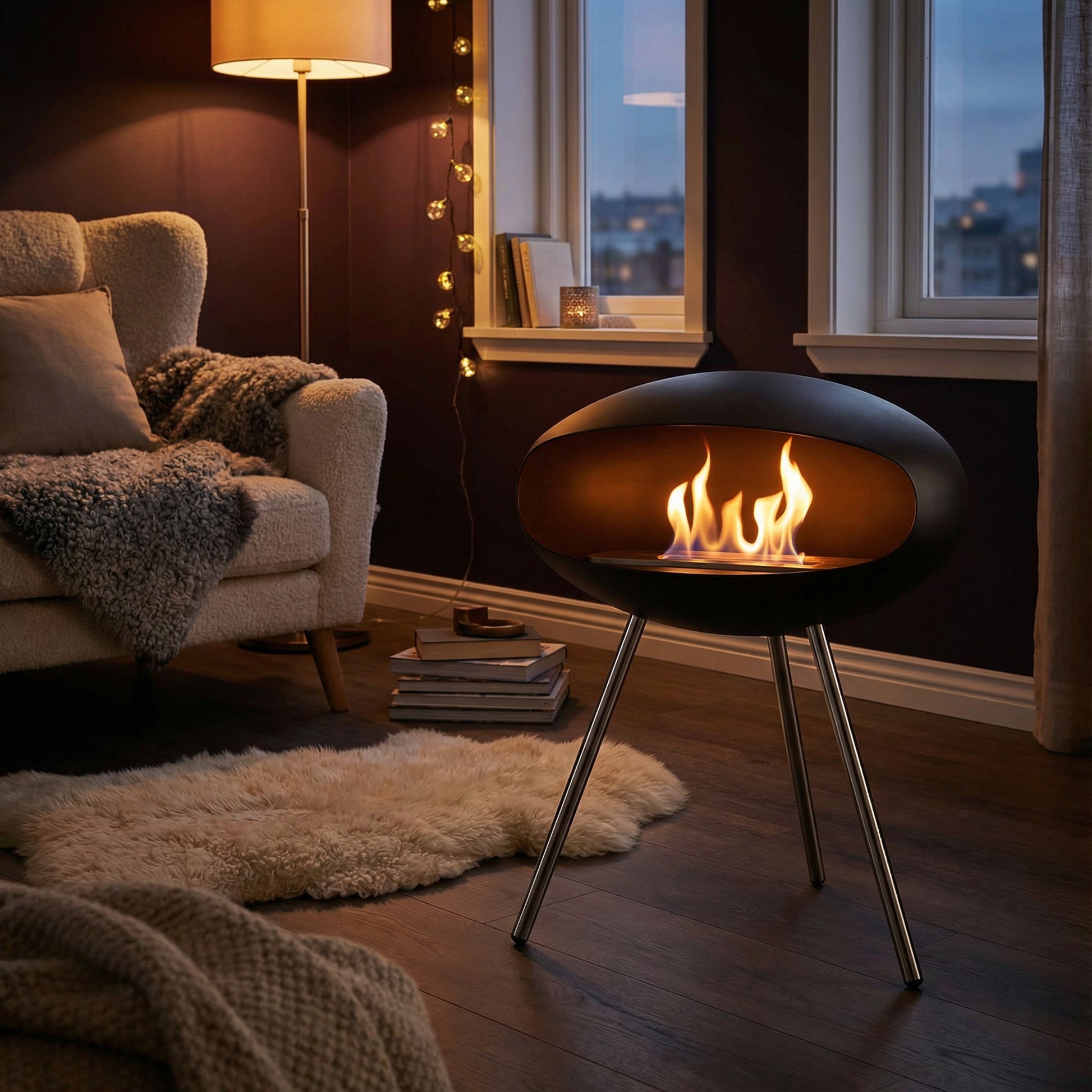 Cheminée Éthanol Design COCON Essentiel sur pieds tripode, design scandinave, ambiance chaleureuse dans un salon contemporain.