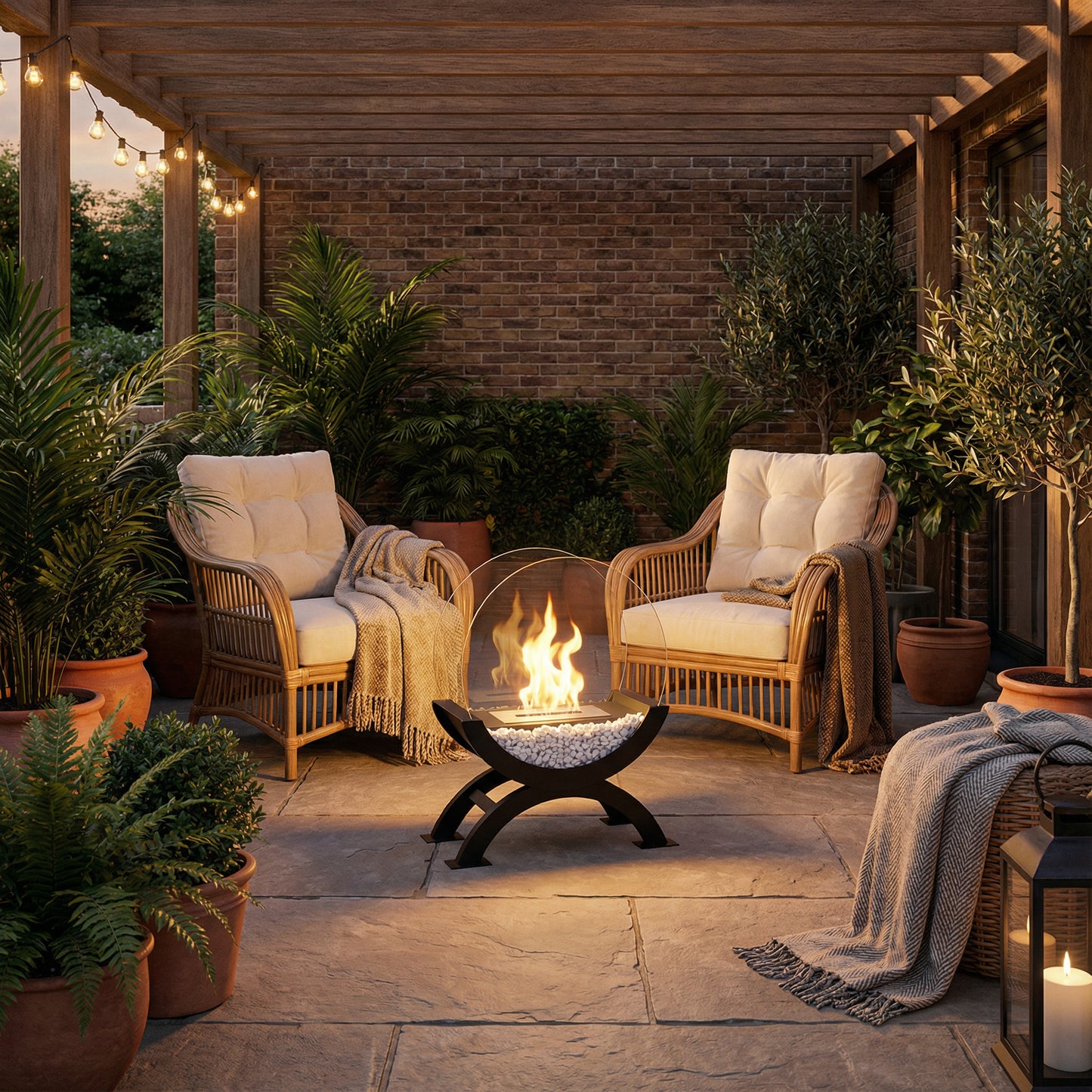 Cheminée de table Éclipse installée sur une terrasse en pierre entre deux fauteuils en rotin sous une pergola.