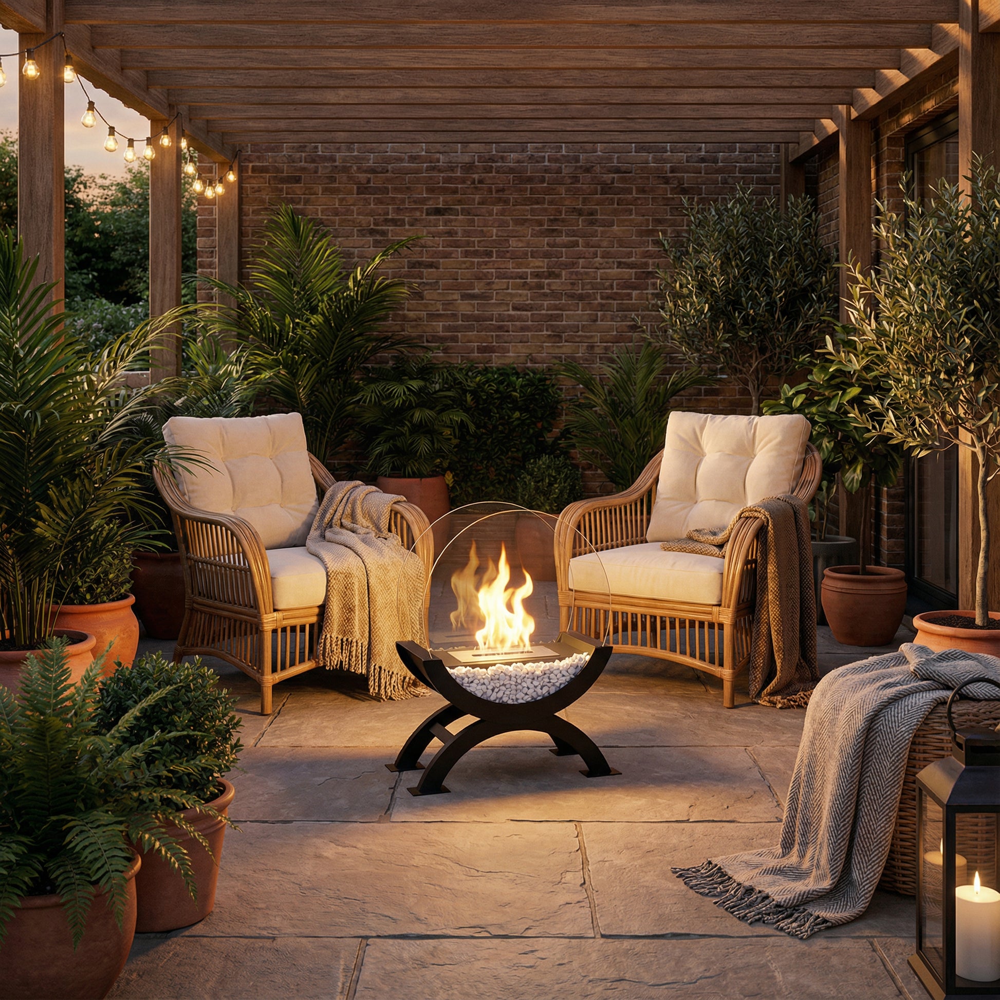 Cheminée de table Éclipse installée sur une terrasse en pierre entre deux fauteuils en rotin sous une pergola.