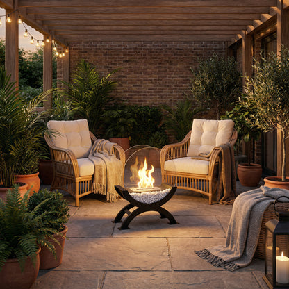 Cheminée de table Éclipse installée sur une terrasse en pierre entre deux fauteuils en rotin sous une pergola.