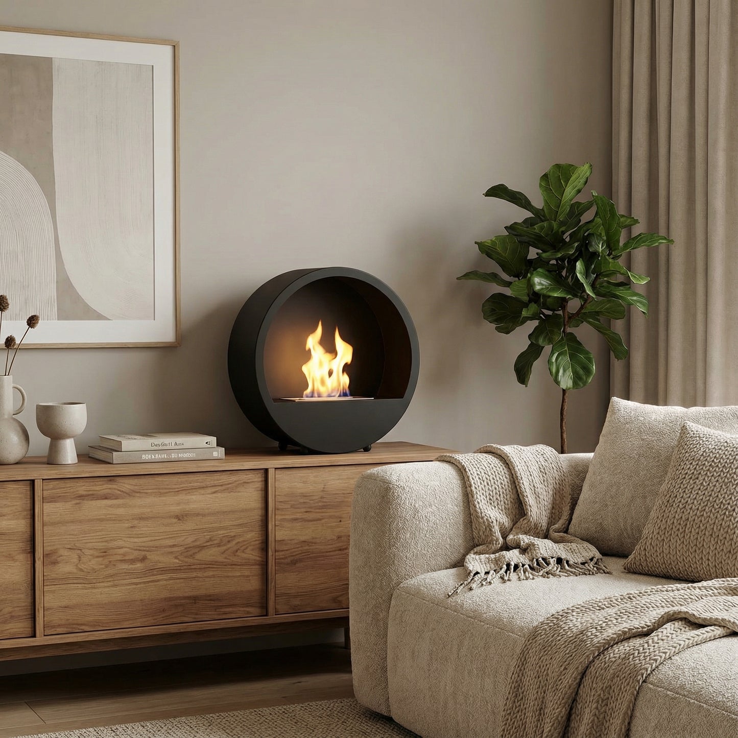 Cheminée éthanol Bulle posée sur un enfilade en bois dans un salon lumineux avec décoration moderne et plante.