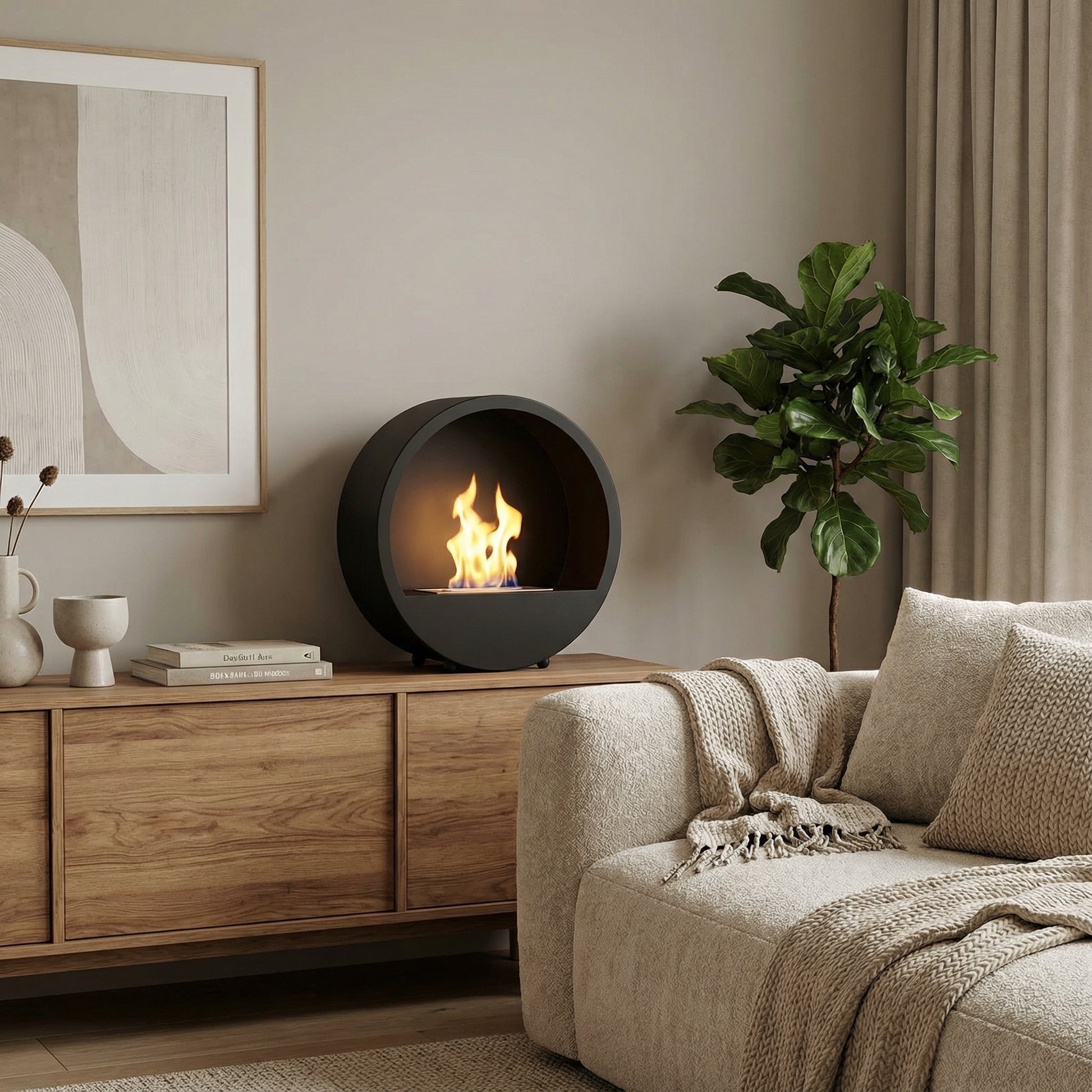 Cheminée éthanol Bulle posée sur un enfilade en bois dans un salon lumineux avec décoration moderne et plante.