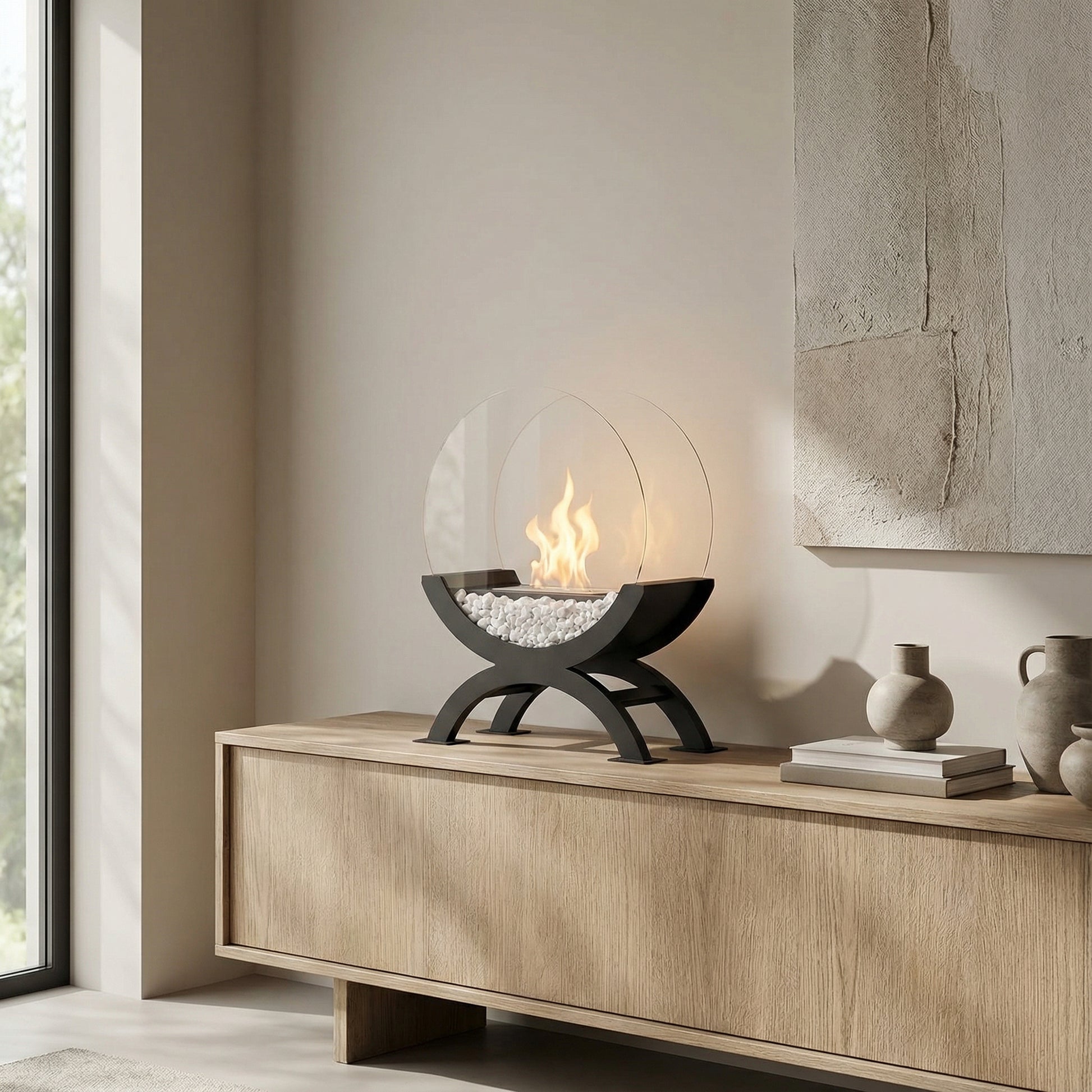 Cheminée éthanol de table Éclipse posée sur un buffet en bois clair dans un intérieur minimaliste.