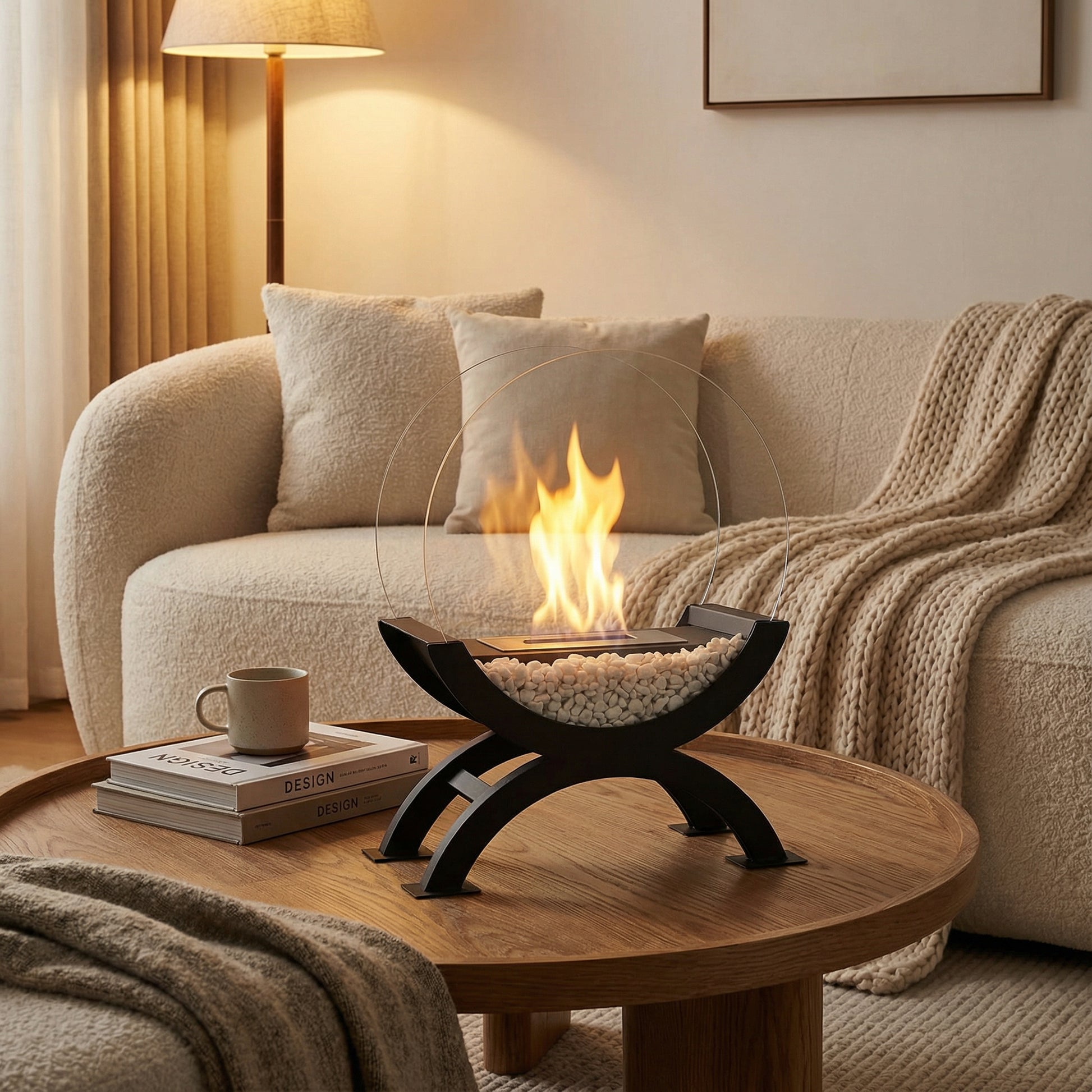 Modèle Éclipse utilisé comme centre de table sur une table basse ronde en bois massif.
