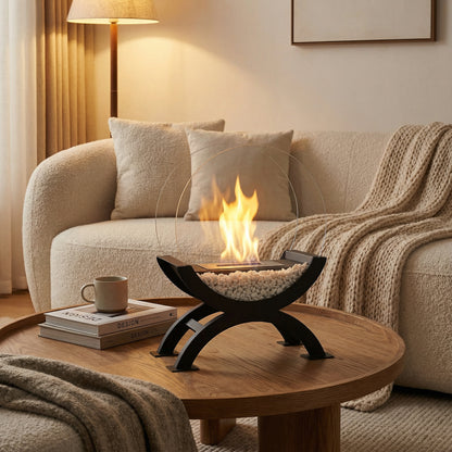 Modèle Éclipse utilisé comme centre de table sur une table basse ronde en bois massif.