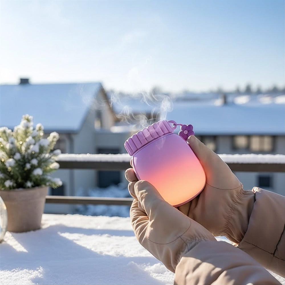 Utilisation du chauffe-main Pétale lors d'une balade en extérieur par temps froid.