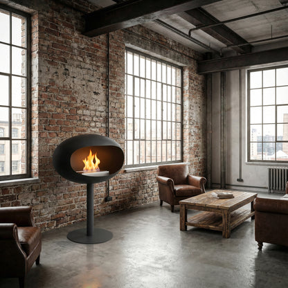 Cheminée éthanol sur pied noire dans loft industriel avec murs en brique.