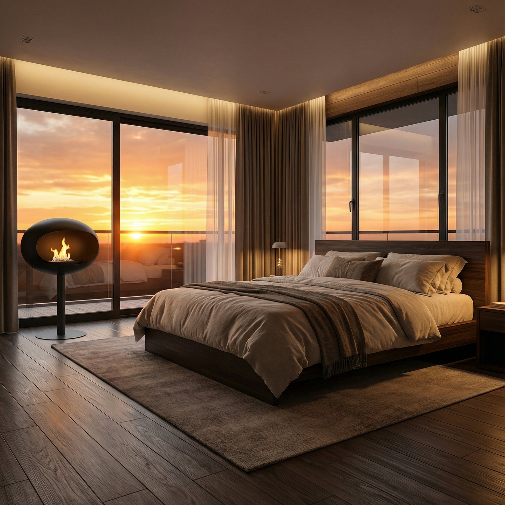Cheminée éthanol sur pied noire dans chambre moderne avec vue coucher de soleil.