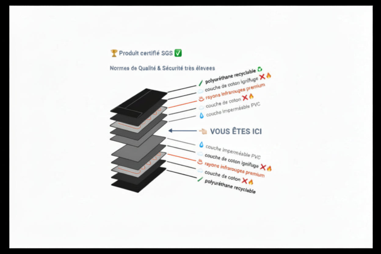 Infographie présentant la structure multicouche du sauna infrarouge certifié SGS avec des normes de qualité et sécurité très élevées. L'image montre un éclaté des différentes épaisseurs protégeant l'utilisateur, qui se situe au centre du dispositif red light therapy.