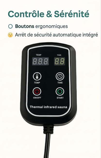 Close-up haute définition d'une télécommande ergonomique pour sauna maison, sauna infrarouge, affichant des réglages numériques de température et de durée. Le visuel met en avant l'interface intuitive avec ses boutons "On/Off", "Start", "Temp" et "Time", soulignant la promesse de contrôle total et de sécurité absolue pour une expérience de bien-être sans compromis.