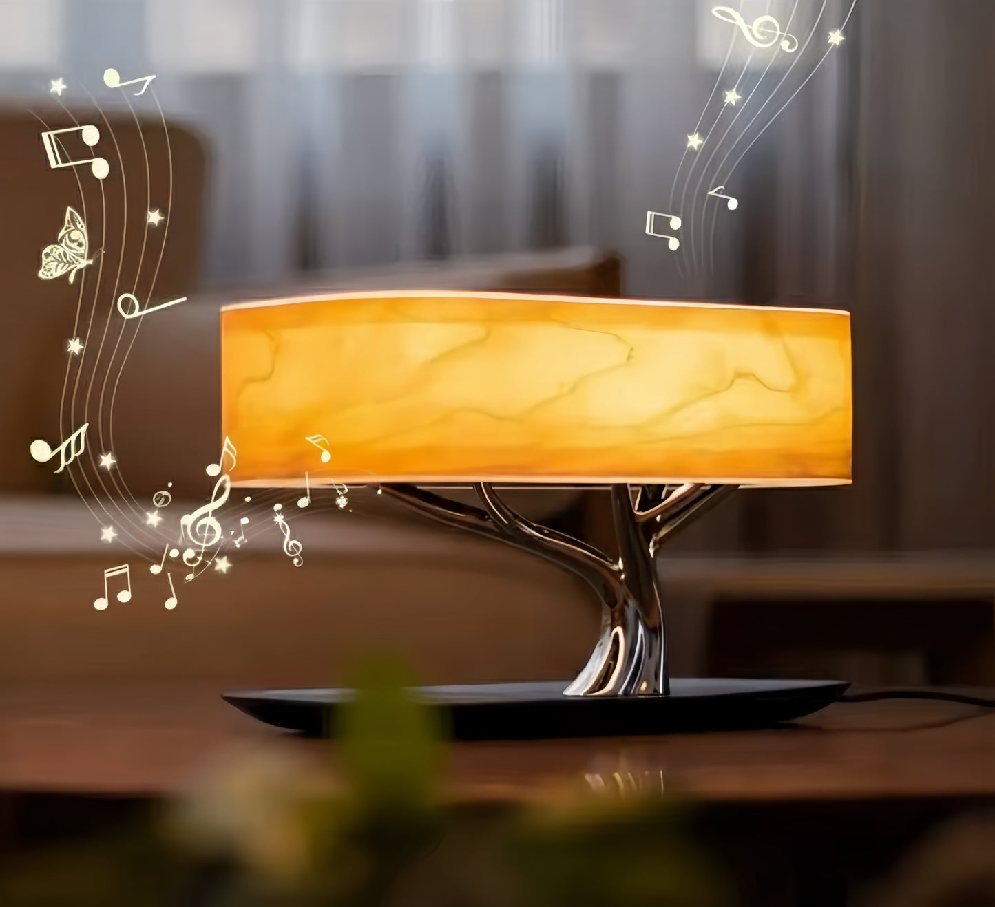 Lampe haut-parleur Bluetooth en forme d'arbre, abat-jour couleur ambre, notes de musique et papillon en surimpression, ambiance musicale et lumineuse.