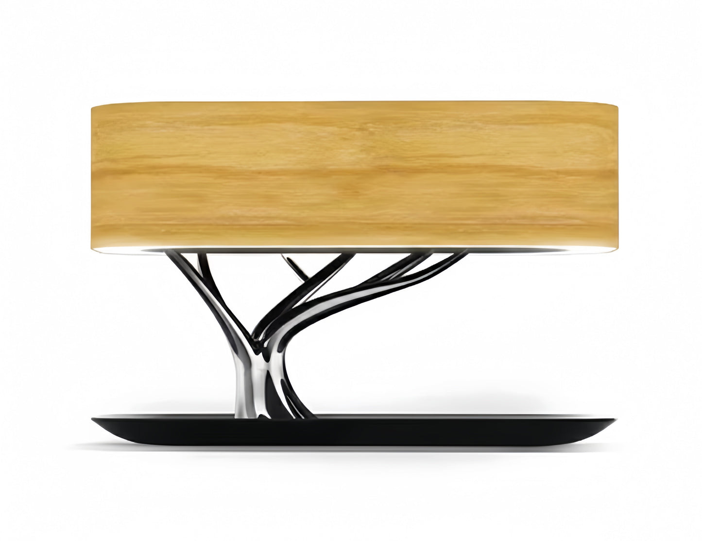 Lampe de chevet/table sans fil au design épuré, support tronc d'arbre chromé, abat-jour bois clair rectangulaire, base noire minimaliste.