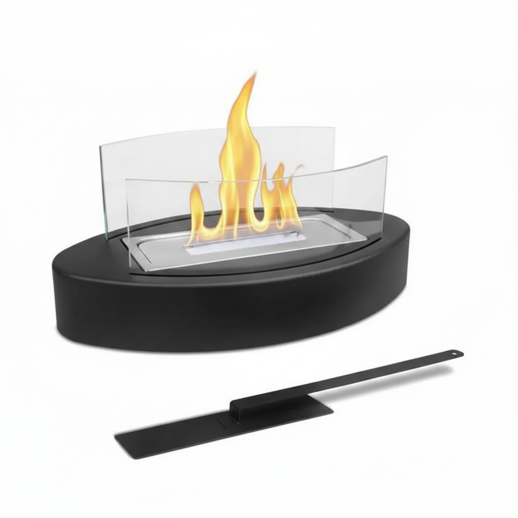 Cheminée de table ovale noire au bioéthanol avec flamme, parois en verre trempé, et outil d'extinction, sur fond blanc.