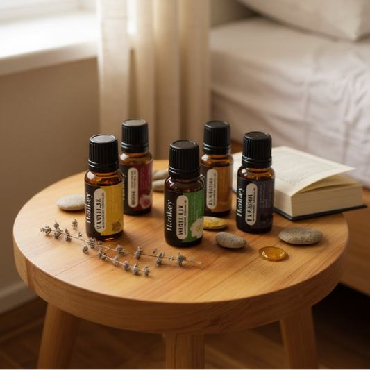 Lot d’huiles essentielles 10 ml disposées sur table ronde en bois, chambre à coucher