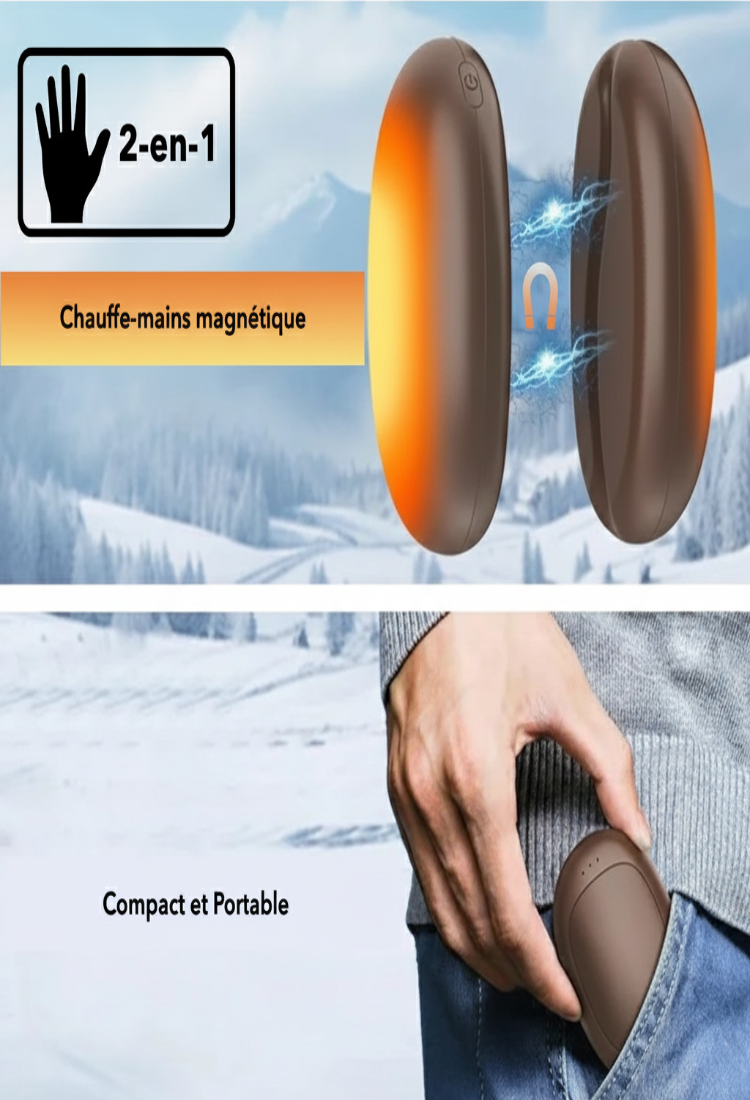 Caractéristiques magnétique et portative du chauffe-main rechargeable USB-C forme grain de café.