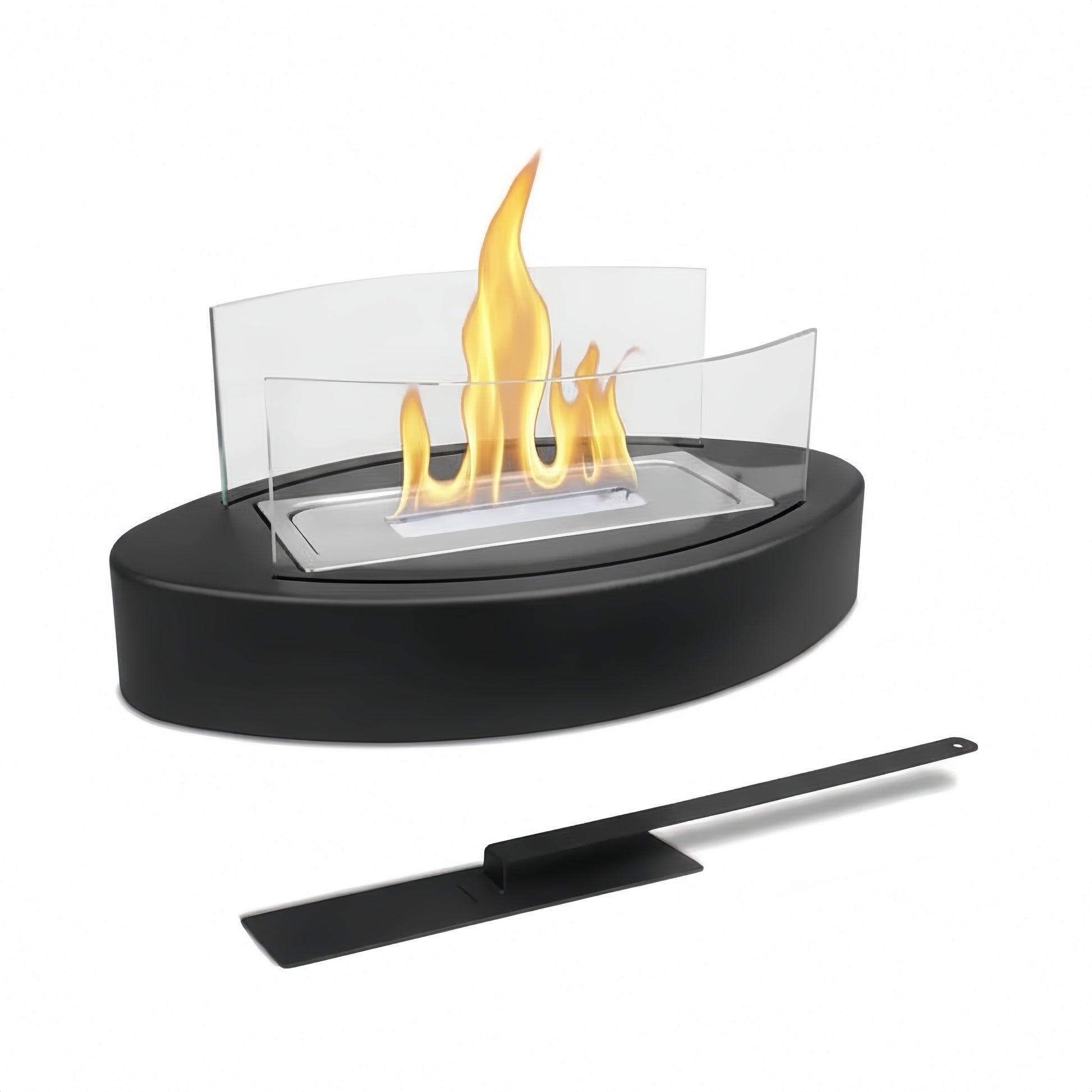 Cheminée de table ovale noire au bioéthanol avec flamme, parois en verre trempé, et outil d'extinction, sur fond blanc.