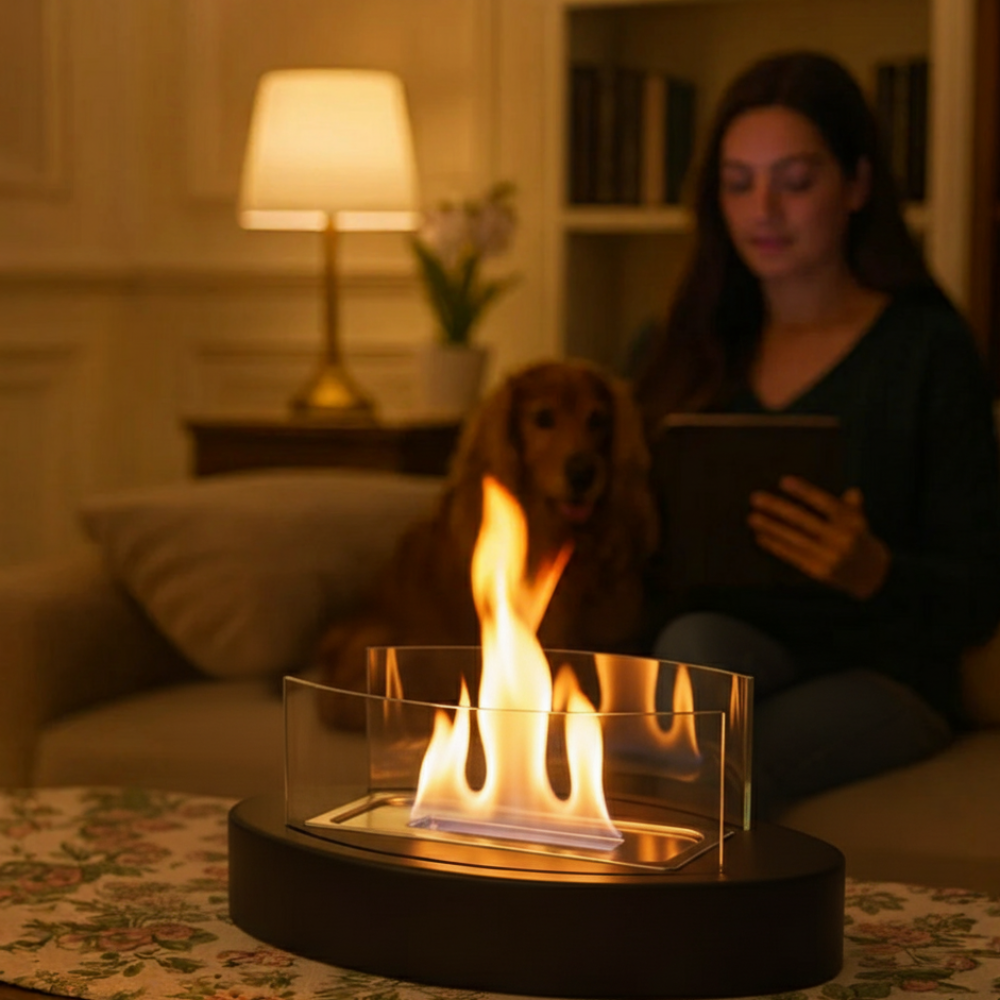 Cheminée de table ovale noire au bioéthanol avec flamme, ajoutant une touche chaleureuse à une soirée lecture, avec femme et chien sur le canapé.