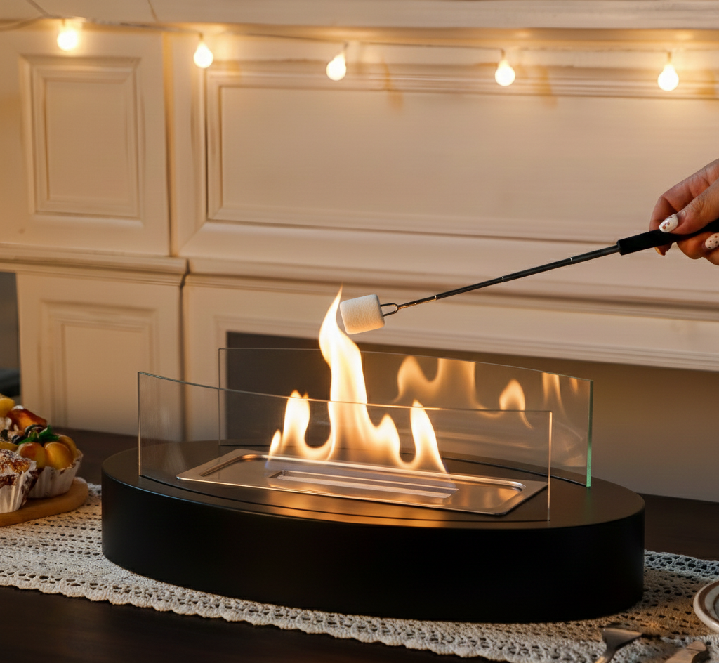 Cheminée de table ovale sur chemin de table, marshmallow flambé, guirlande lumineuse en arrière-plan.