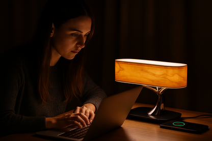 Lampe de chevet tactile élégante, LED à intensité variable, veilleuse douce, arbre de lumière en bois, avec son 360° - 3000K/4000K/6500K, chargeur sans fil Qi, haut-parleur Bluetooth