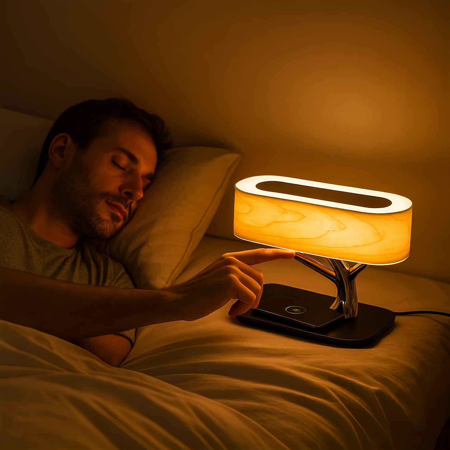 Lampe de chevet tactile élégante, LED à intensité variable, veilleuse douce, arbre de lumière en bois, avec son 360° - 3000K/4000K/6500K, chargeur sans fil Qi, haut-parleur Bluetooth