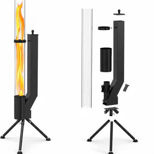 Vue éclatée du brasero PYRØN TOWER montrant le tube de feu en verre, le réservoir à granulés et le trépied amovible pour un transport facile.