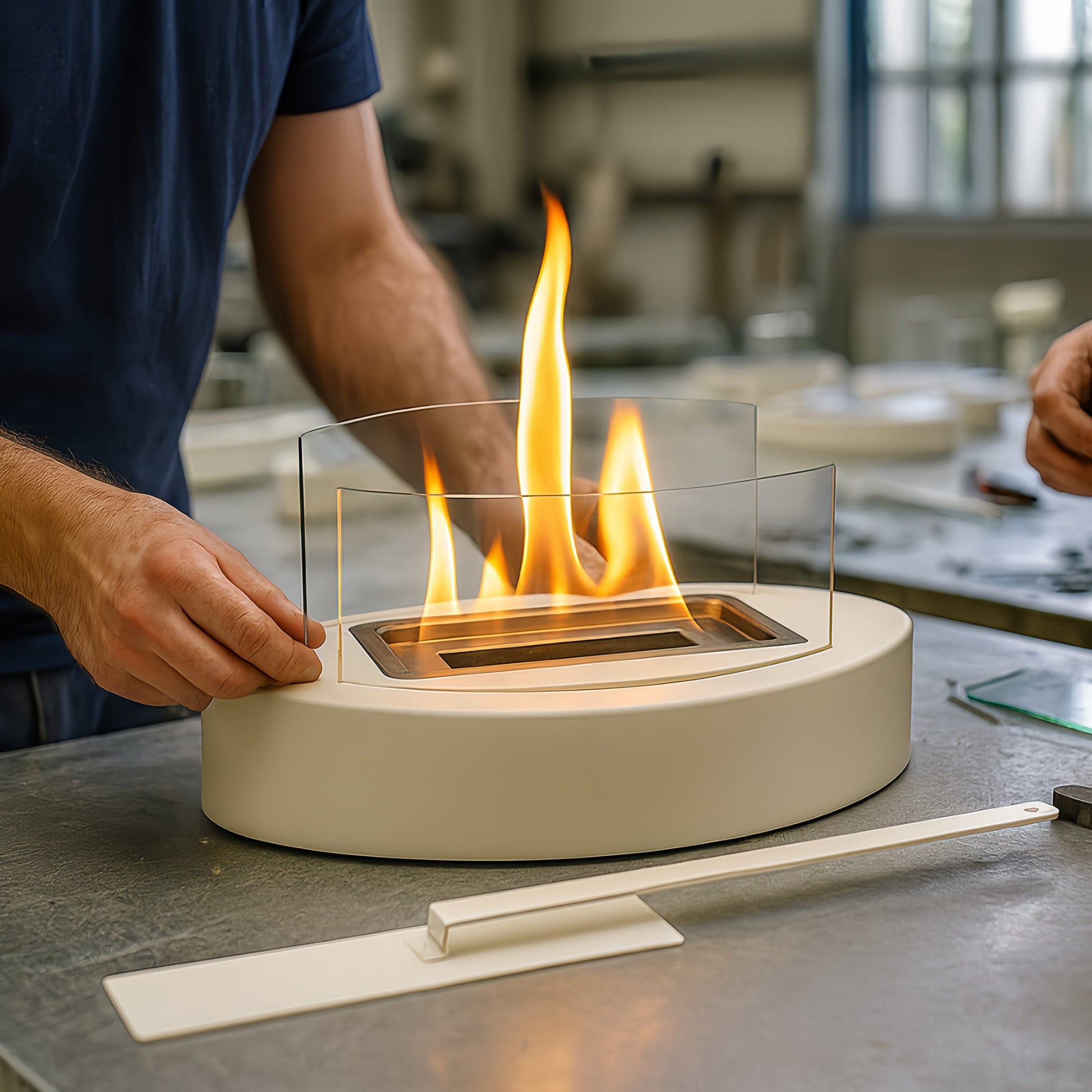 Cheminée de table blanche à l'usine.