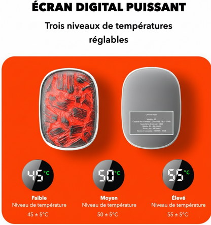 Chauffe main rechargeable USB-C pour le ski, batterie 5h - aspect flamme avec chauffe rapide - 3 niveaux, 2000 mAh lithium