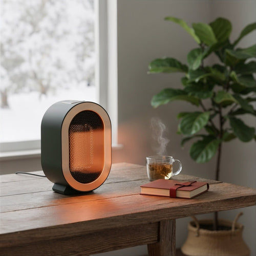 Chauffage d’appoint céramique PTC, coloris vert cendré, en fonctionnement sur un bureau.