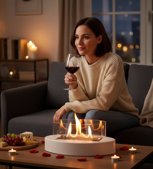 Cheminée de table élégante sur table basse avec bougies, ambiance romantique.