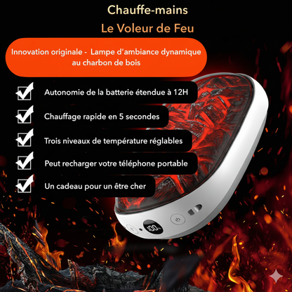 Chauffe main rechargeable USB-C pour le ski, batterie 5h - aspect flamme avec chauffe rapide - 3 niveaux, 2000 mAh lithium